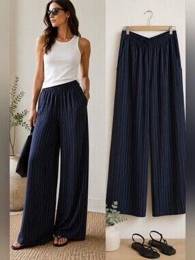 YAS Navy Pinstripe Extra Wide-Leg Pants | Flowing Palazzo Silhouette | NWOT